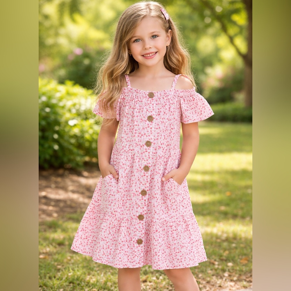 Picapino Girls Off the Shoulder Flowy Lightweight Pink Floral Dress Size 6X